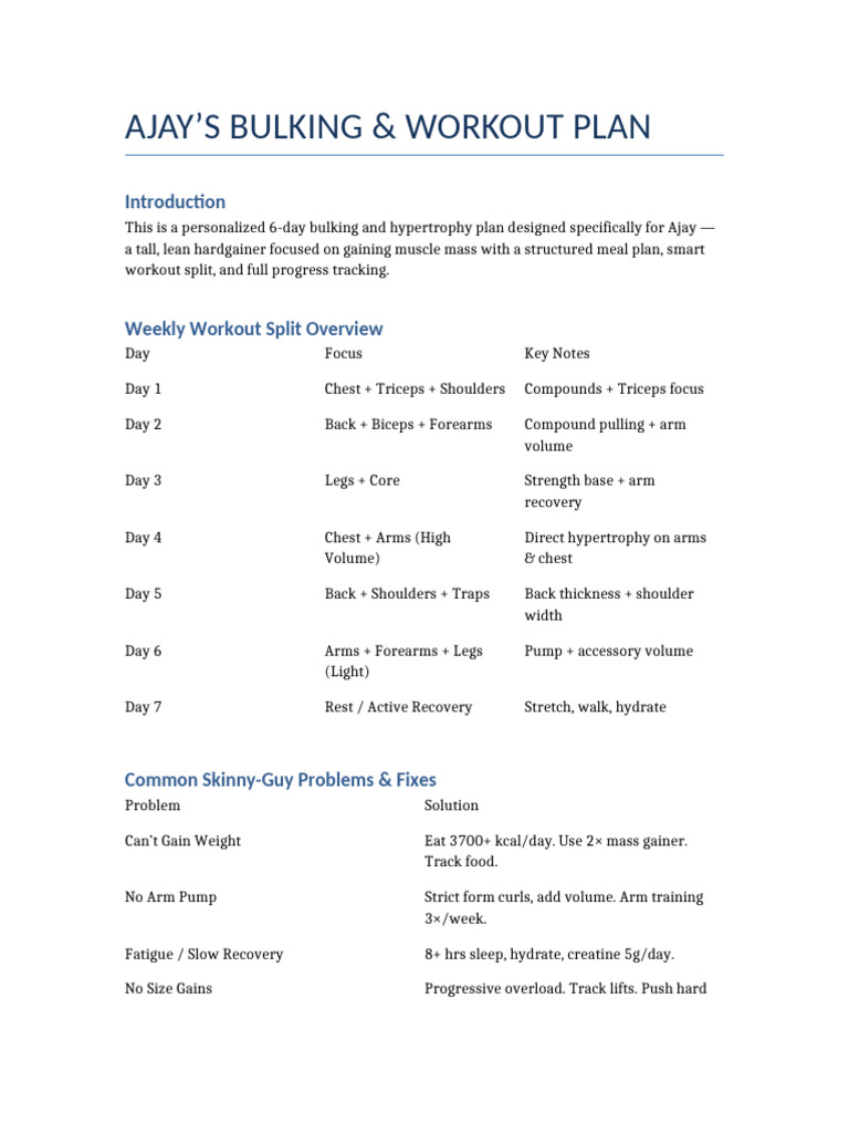Ajay's 6-Day Bulking Workout Plan | PDF | Arm | Muscle Hypertrophy