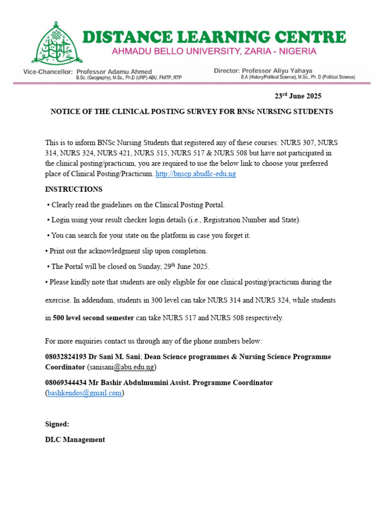 Notice To All Nursing Students On Clinical Posting Survey June 2025 | PDF
