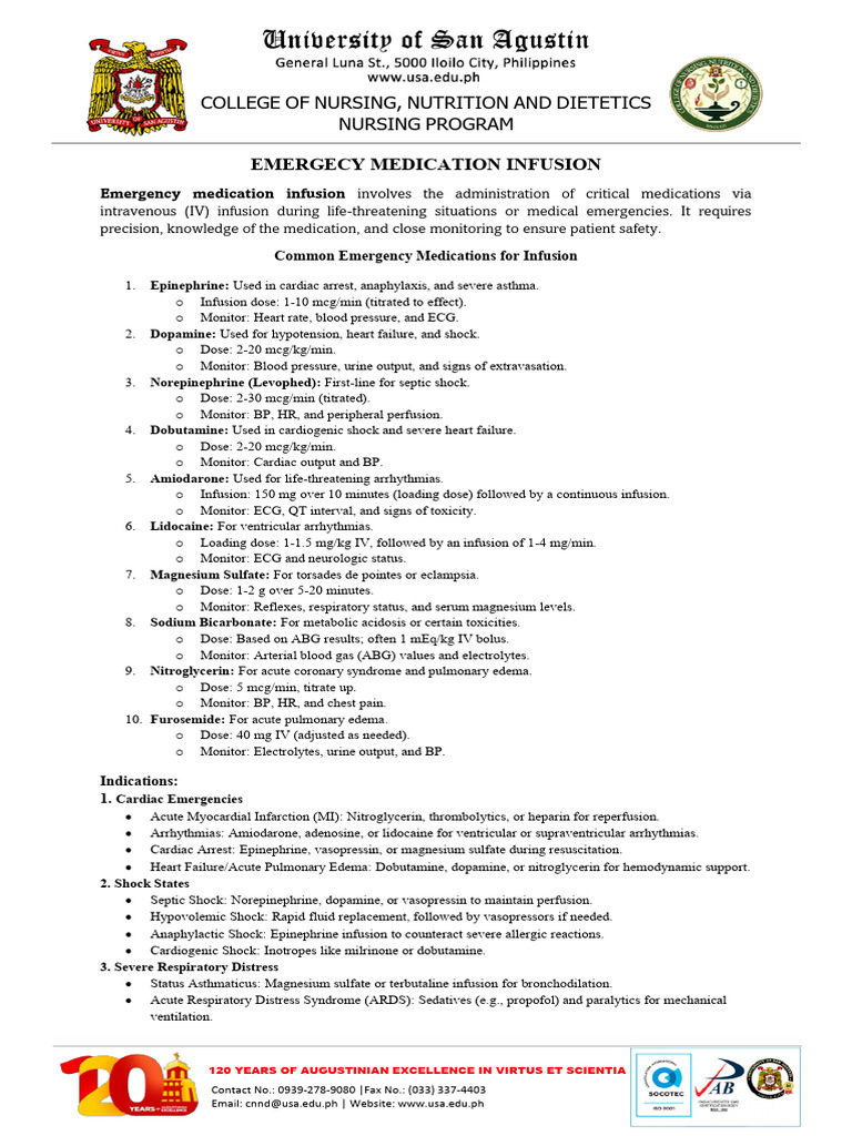 Emergency Medication Infusion Guide | PDF | Intravenous Therapy | Shock ...