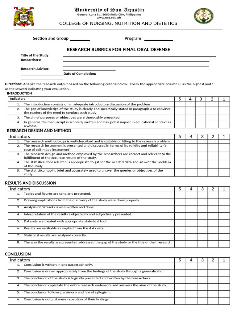 Research Rubrics for Oral Defense Evaluation | PDF | Data | Methodology