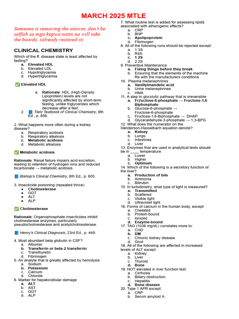 March 2025 MTLE Clinical Chemistry Review | PDF | Bleeding