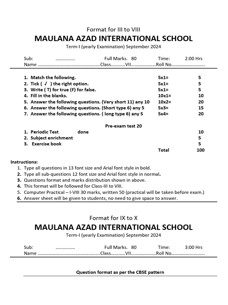Exam Format for Classes III to VIII | PDF | Linguistics