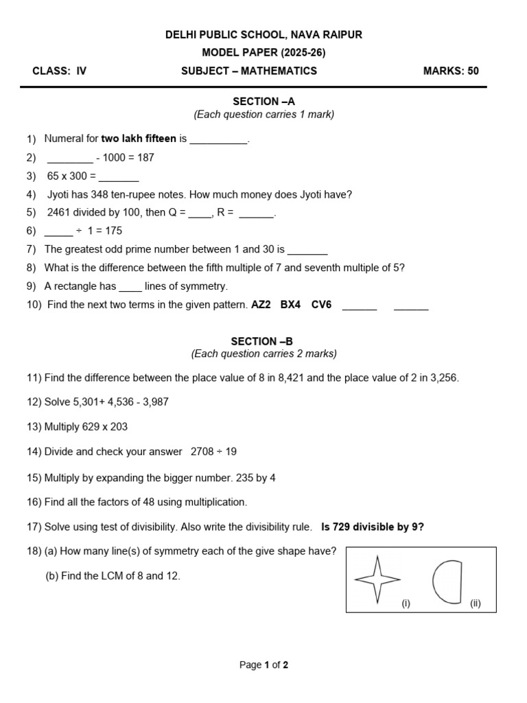 4th Grade Maths Model Paper 2025-26 | PDF | Multiplication | Elementary ...