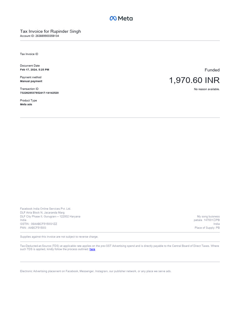 Tax Invoice for Meta Ads Services | PDF | Payments | Government Finances