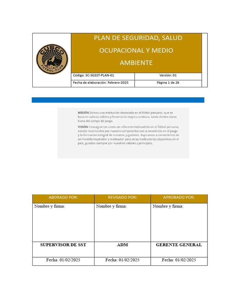 Plan de Seguridad y Salud Ocupacional | PDF | Seguridad y salud ...
