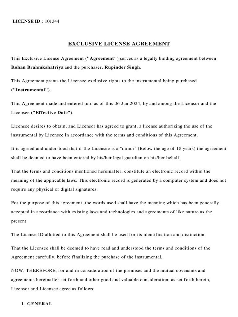 Exclusive License Agreement for Instrumental | PDF | License | Sound ...