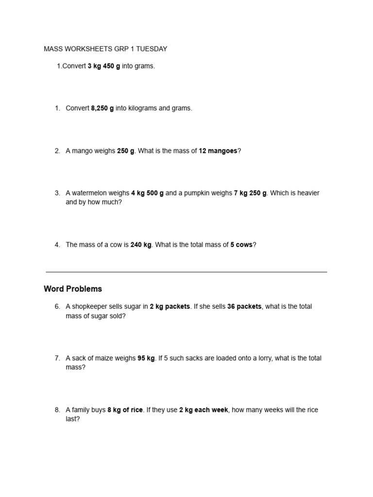 Mass Conversion and Word Problems | PDF