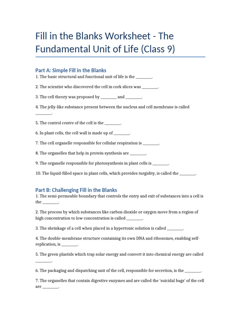 Cell Structure Fill in the Blanks Worksheet | PDF