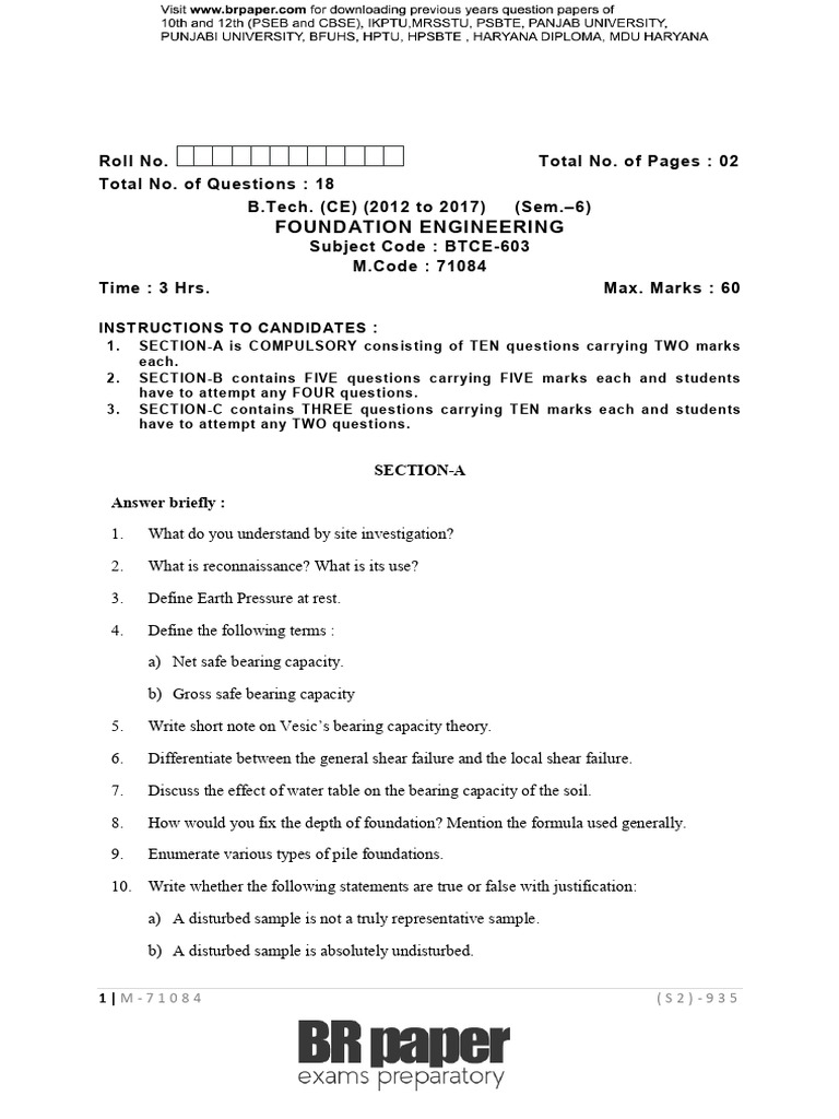 Foundation Engineering Exam Guide | PDF | Civil Engineering | Soil