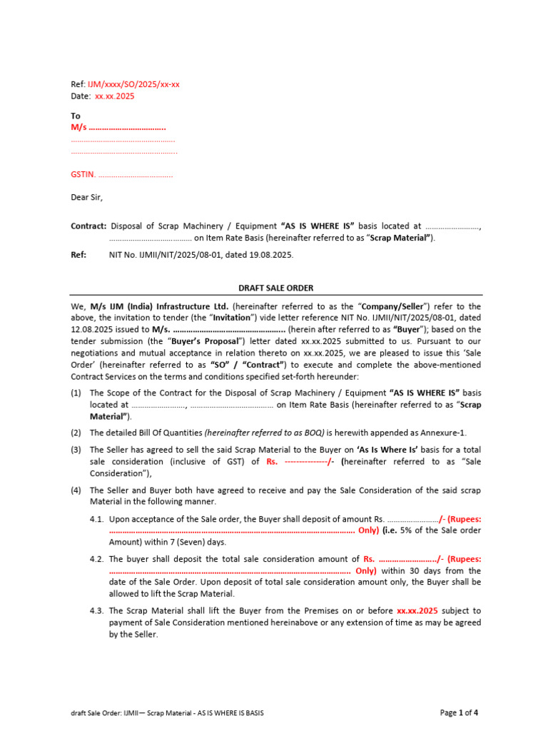 Draft Sale Order for Scrap Material Disposal | PDF | Arbitration | Mail