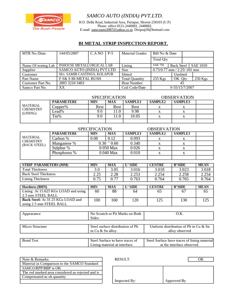 Bi-Metal Strip Inspection Report | PDF | Steel | Mechanical Engineering