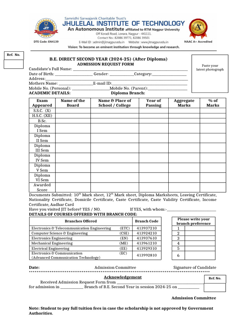 B.E. Second Year Admission Form 2024-25 | PDF | Diploma | Educational ...