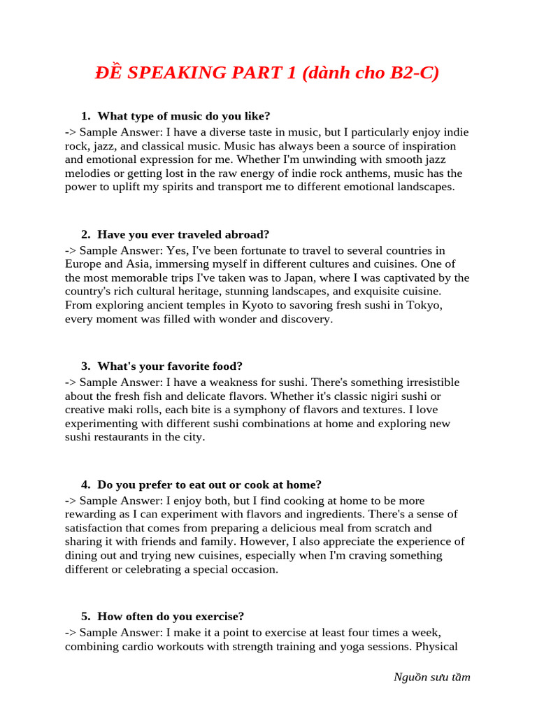 B2-C Speaking Part 1 Sample Answers | PDF | Sushi