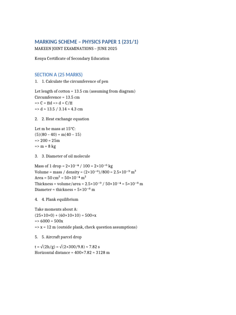 Physics Paper 1 Marking Scheme | PDF
