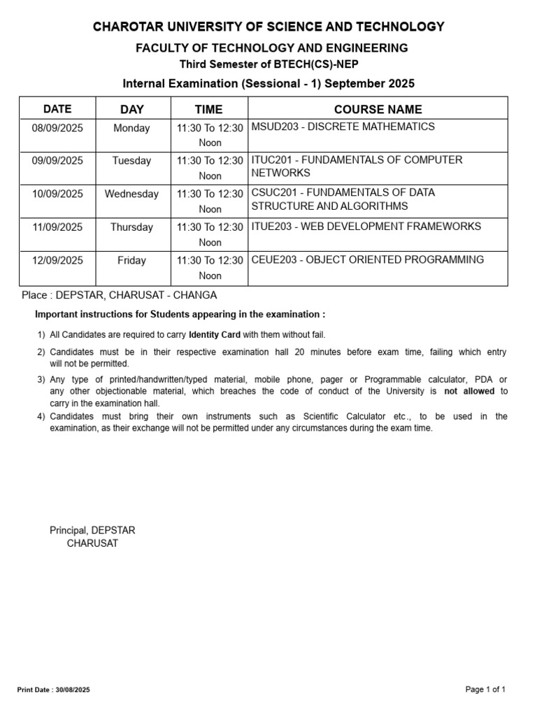 Theory Schedule Exam BTECH (CS) - NEP Session 3 | PDF