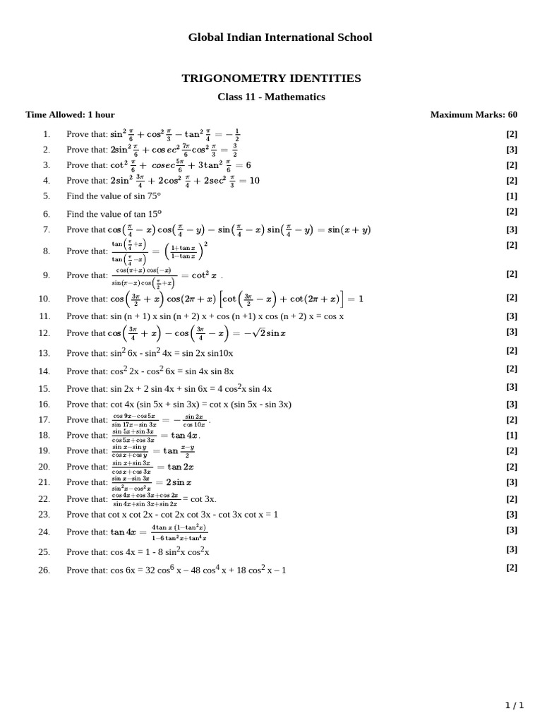 Trigonometry Identities Class 11 Guide | PDF | Chess Theory | Chess