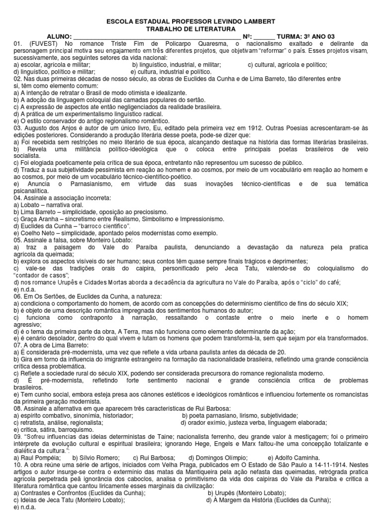 Exercício Sobre O Pré Modernismo No Brasil