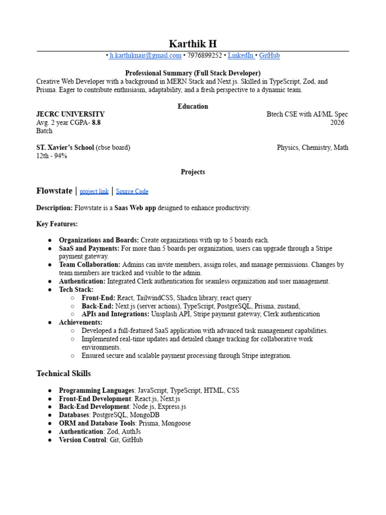 Full Stack Developer Profile: Karthik H | PDF