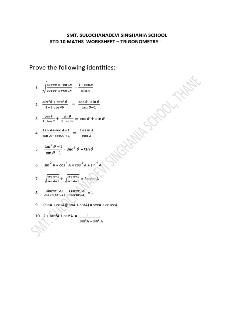 Trigonometry Identities Worksheet | PDF