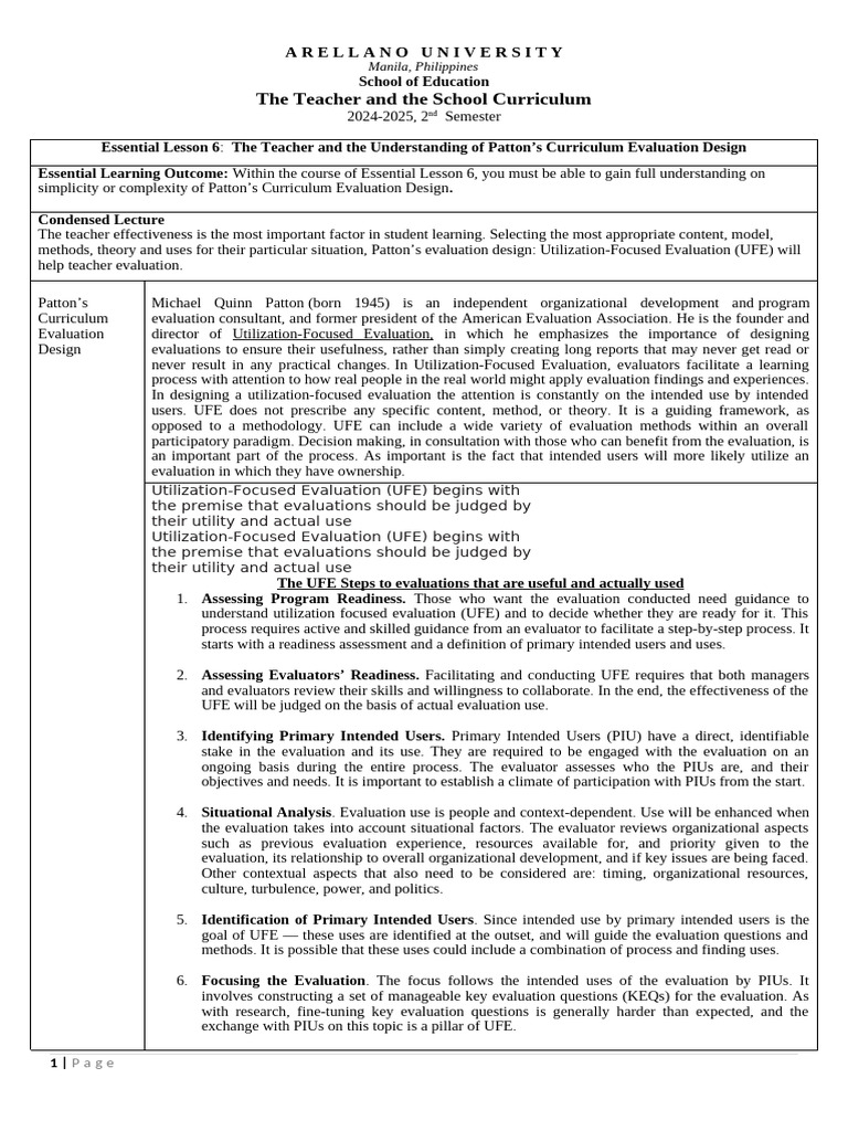 LESSON 6 The Teacher School Curriculum 2 | PDF | Evaluation | Curriculum