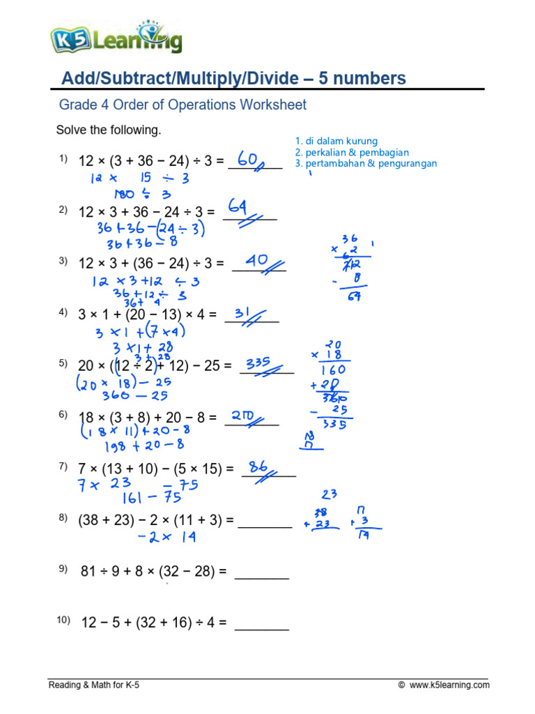 Grade 4 Add Subtract Multiply Divide Parenthesis Five Numbers B | PDF