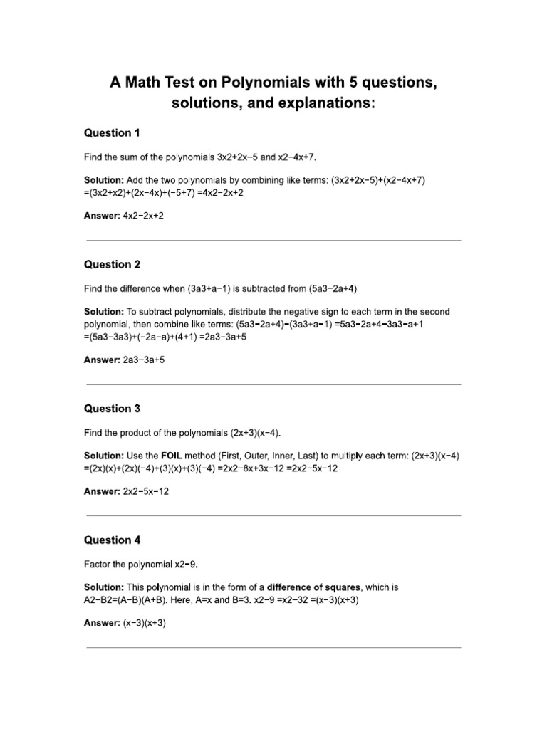 Math Test On Polynomials 1 | PDF