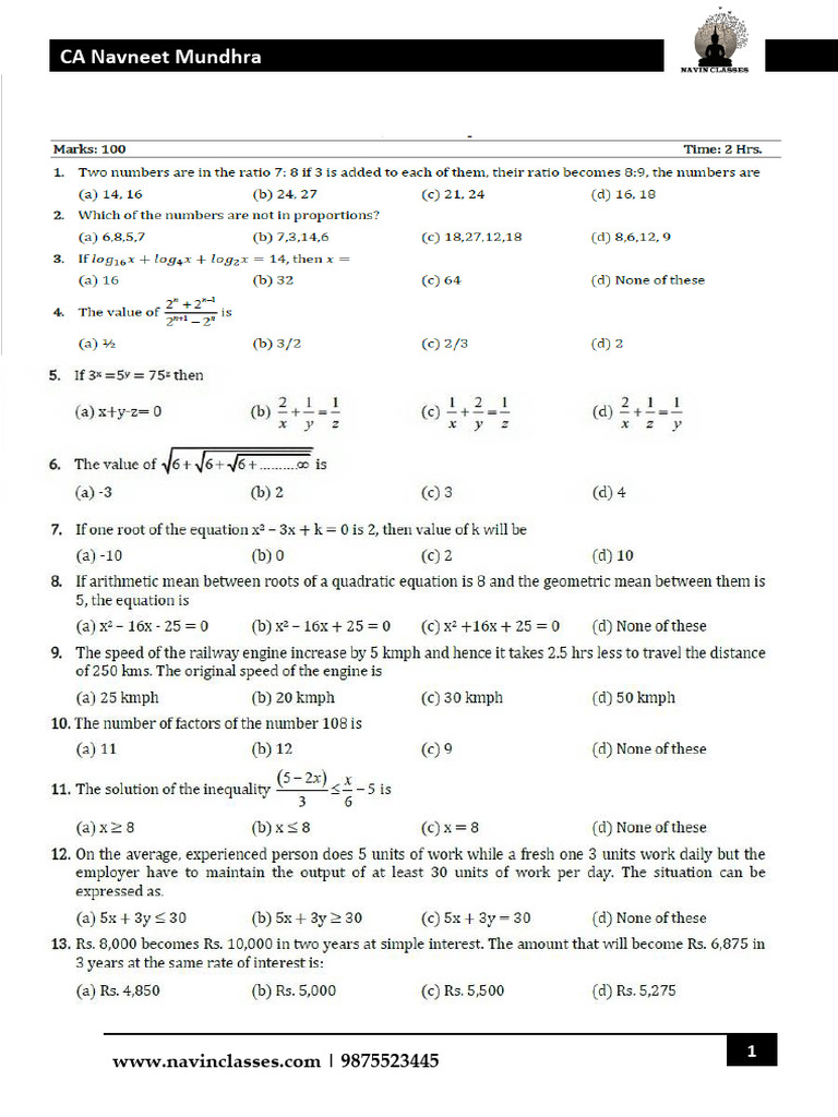 CA Foundation Math Test 1 by Navneet Mundhra | PDF