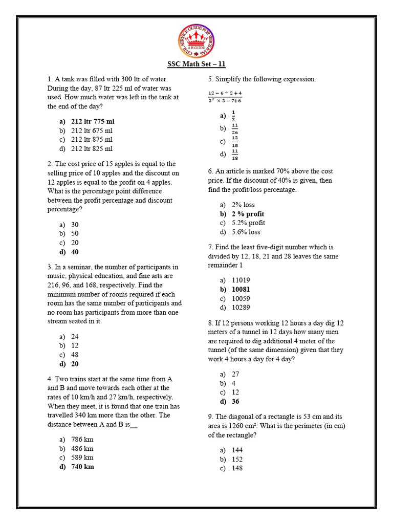 SSC Math Set – 11 Practice Questions | PDF | Interest | Area