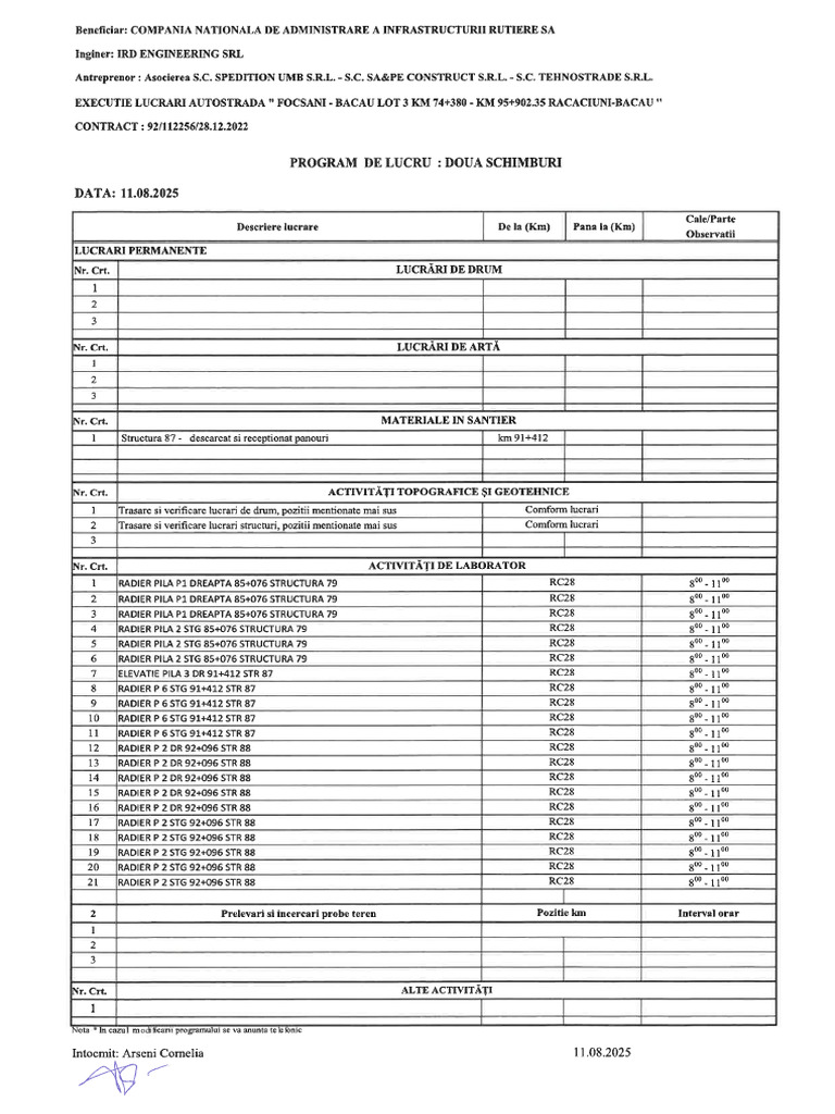 Program Zilnic de Lucru 11.08.2025, Focșani - Bacau, Lot.3 | PDF