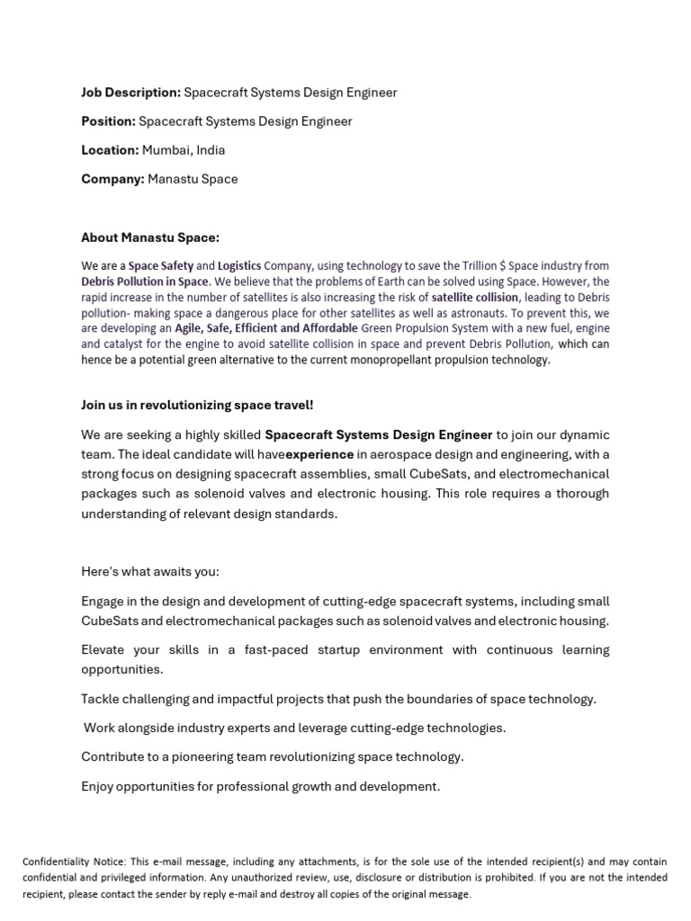 Spacecraft Systems Design Engineer Job | PDF | Space Debris | Satellite