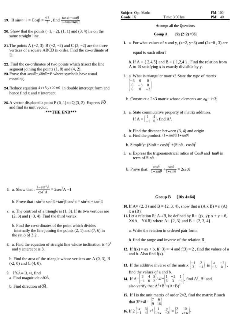 Math Problems for IX Grade Students | PDF | Matrix (Mathematics ...