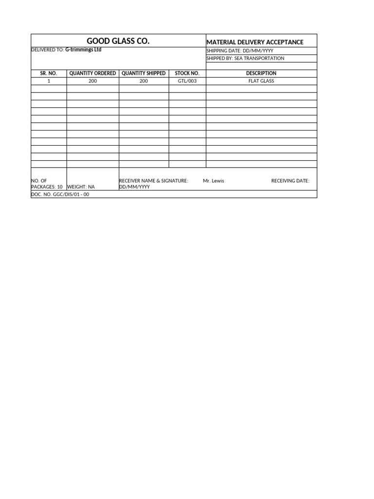 Good Glass Co. Material Delivery Note | PDF