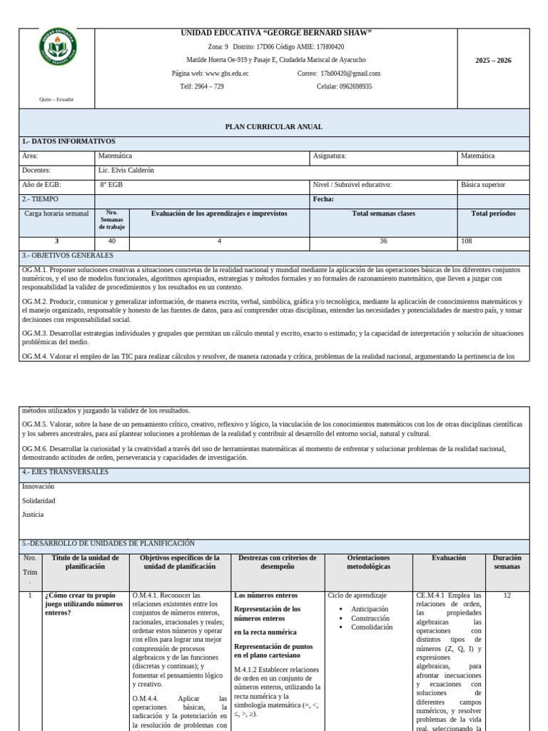Plan Curricular Anual PCA 2026 | PDF | Ecuaciones | Número racional