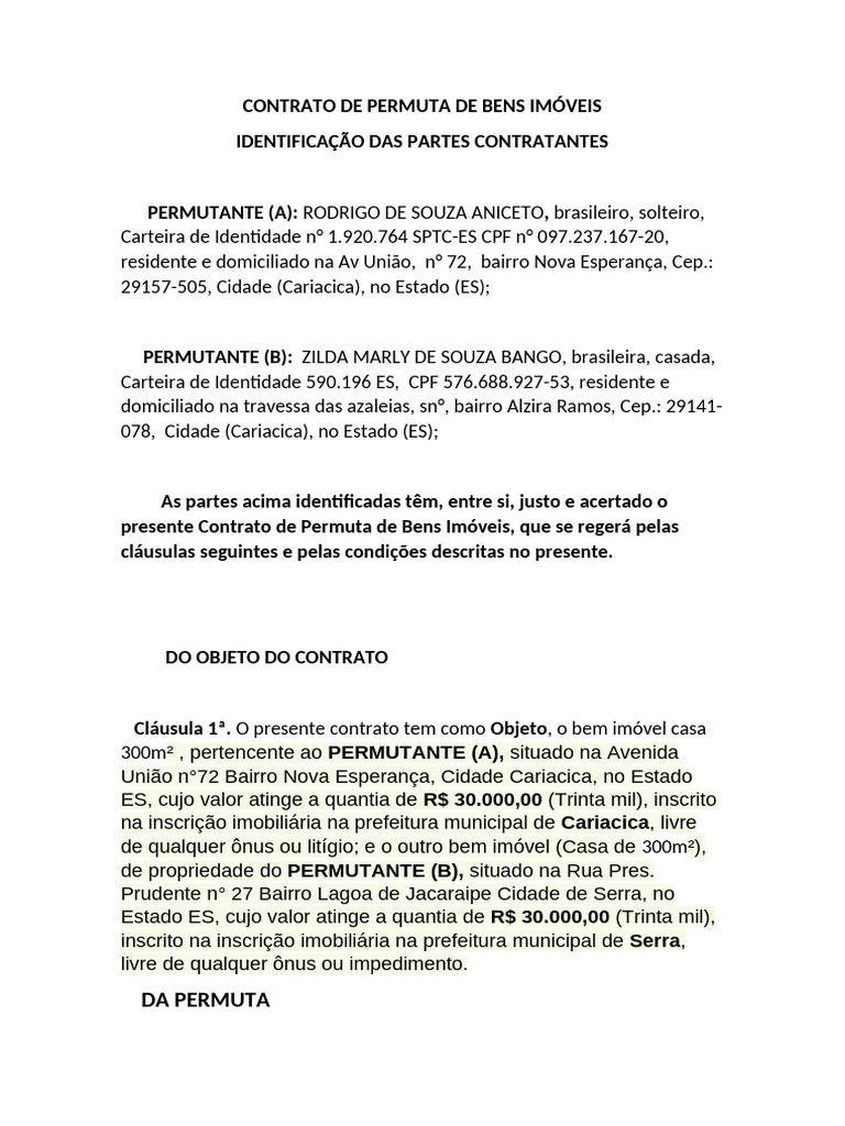 Contrato de Permuta de Bens Imóveis | PDF