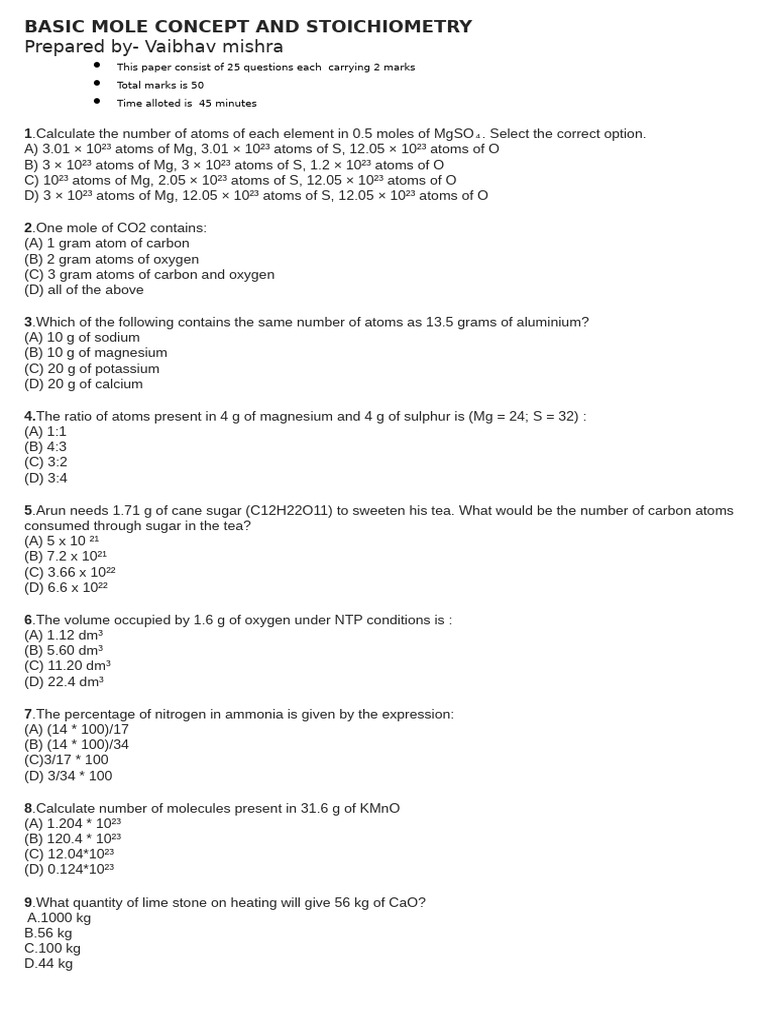 Mole Concept 25 Questions | PDF | Mole (Unit) | Molecules