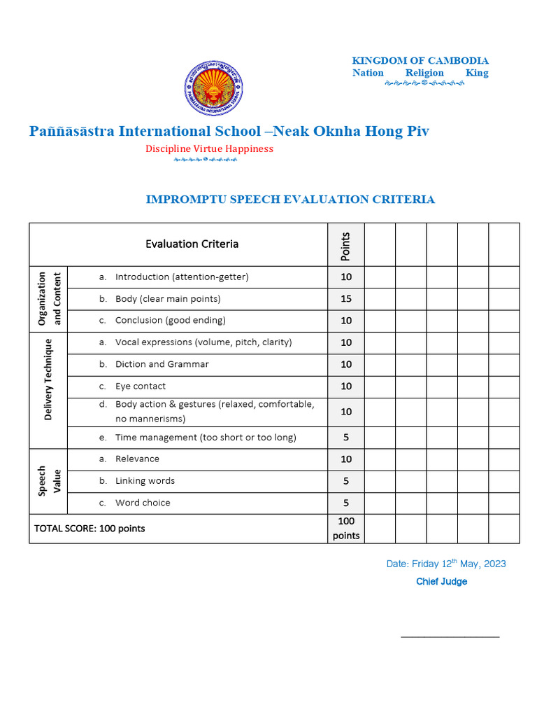 Impromptu Speech Evaluation Criteria | PDF