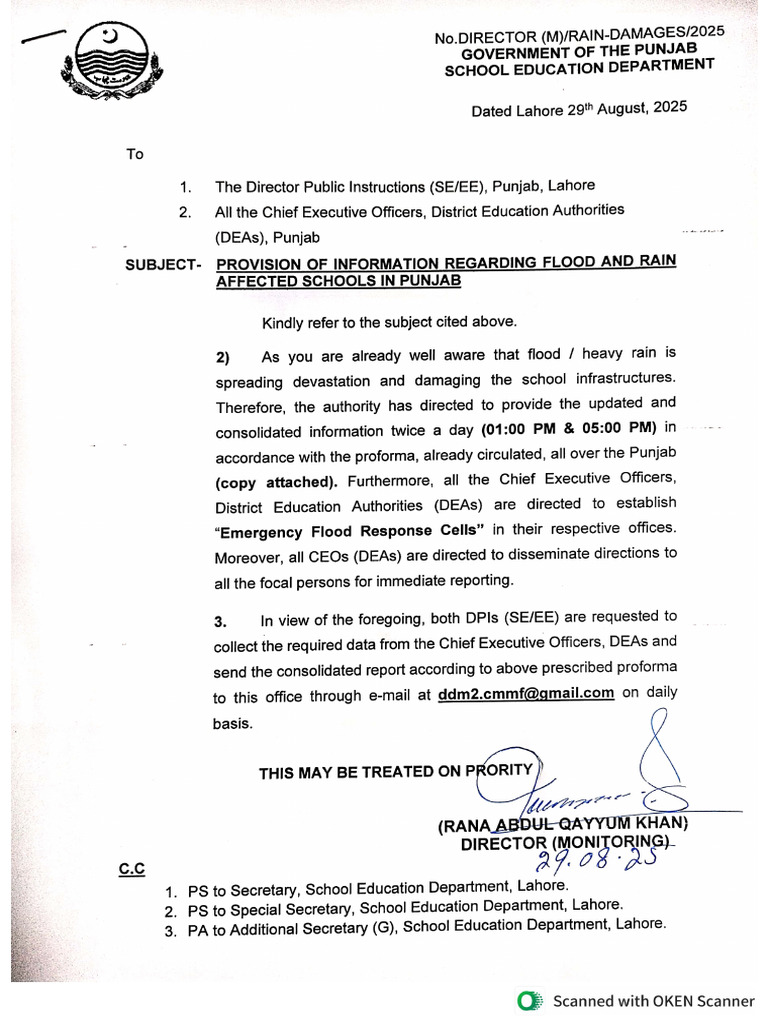 Letter and Proforma Regarding Provision of Information Flood and Rain ...