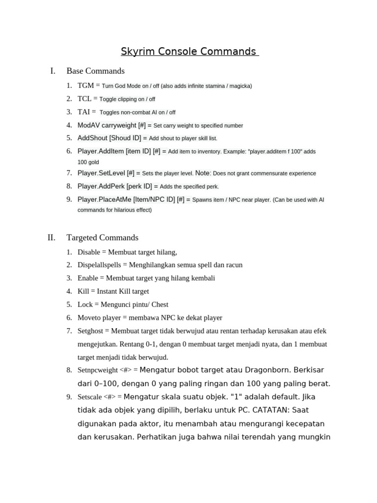 Perintah Konsol Skyrim Lengkap | PDF