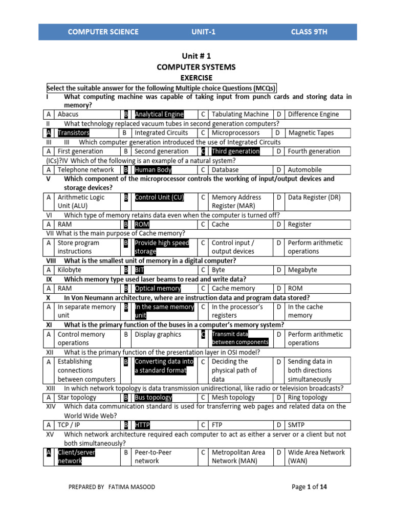 Class 9 Computer Science Unit 1 Exercises | PDF | Computer Data Storage ...