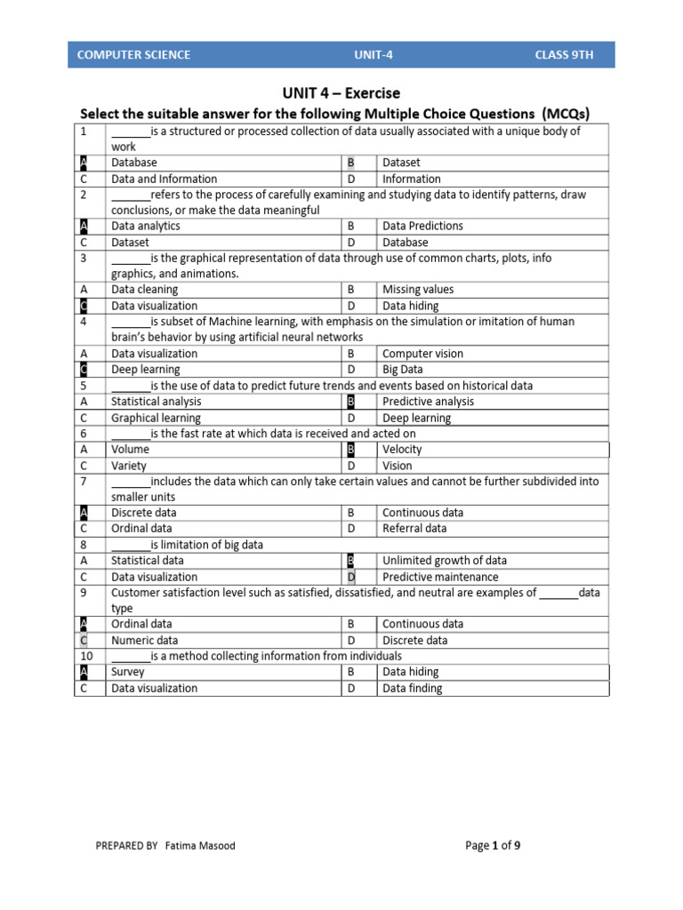 Class 9 Computer Science Unit 4 MCQs | PDF | Data Science | Data