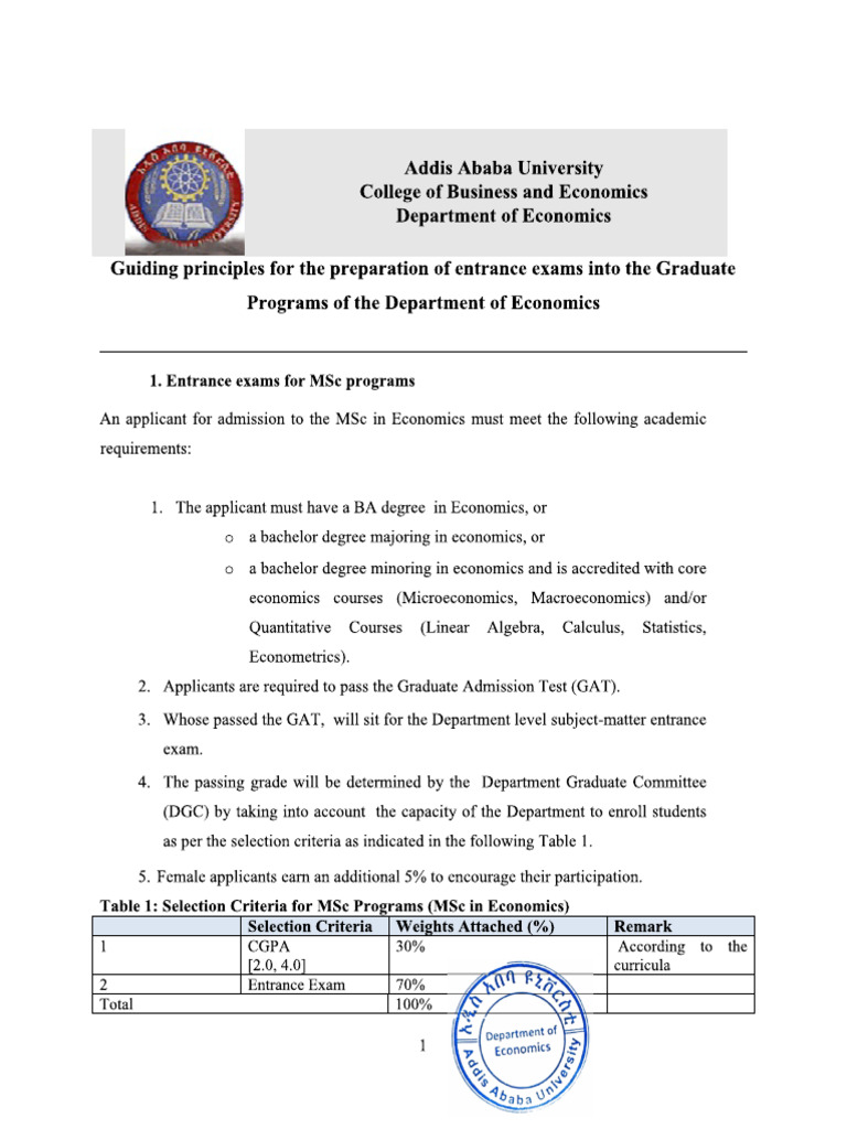 Economics Graduate Programs Entrance Exam Guideline 2025 | PDF