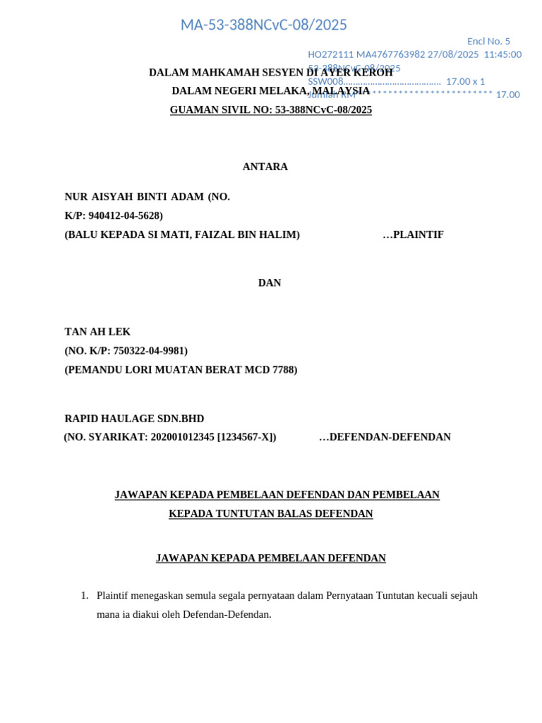 Jawapan Kepada Pembelaan Defendan Dan Pembelaan Kepada Tuntutan Balas ...