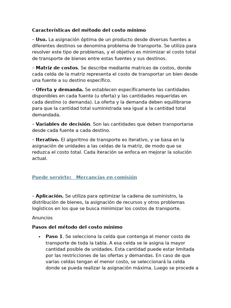 Método de Costo Mínimo en Transporte | PDF | Transporte | Matemáticas ...