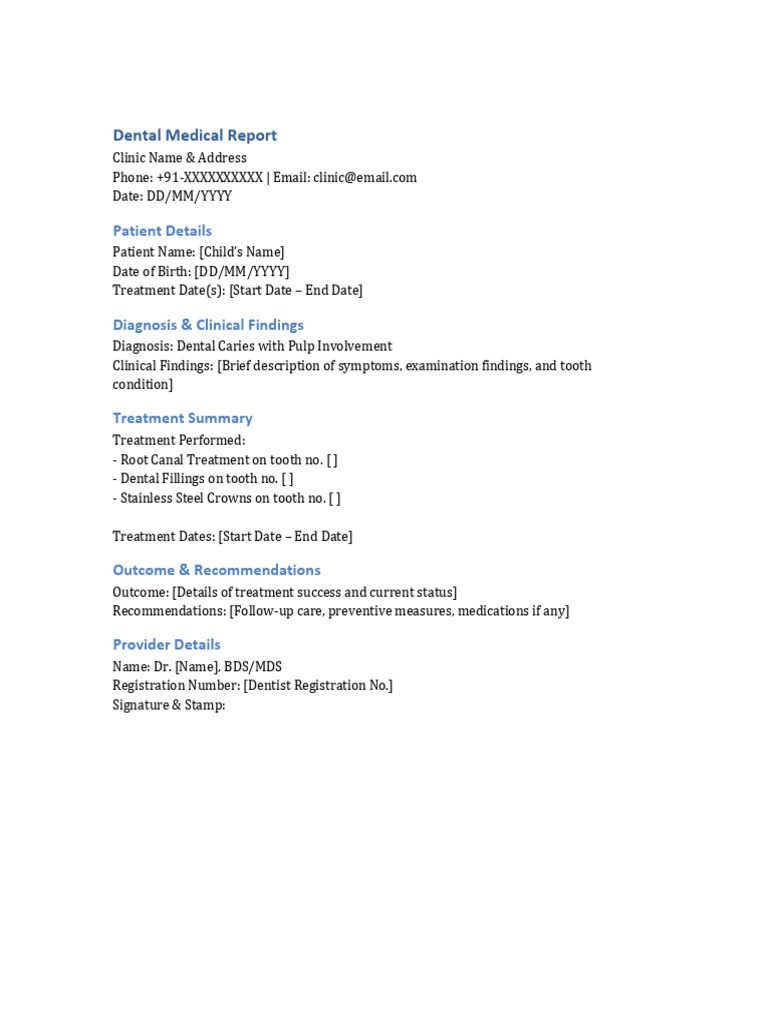 Pediatric Dental Treatment Report | PDF