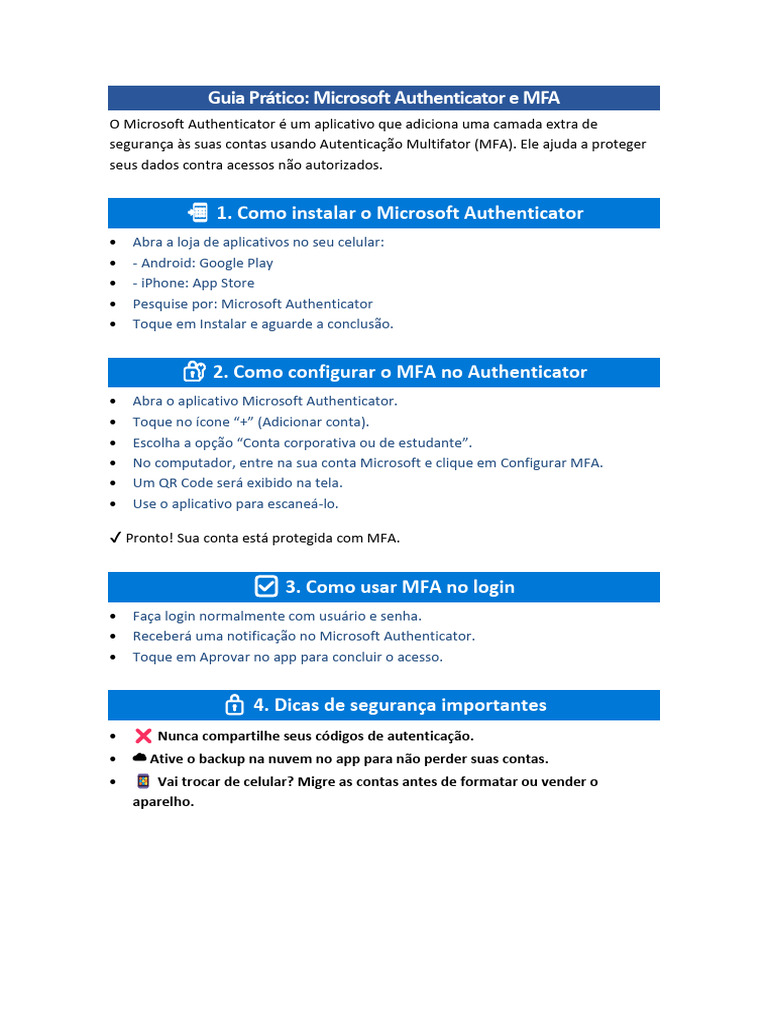 Guia de Uso do Microsoft Authenticator MFA | PDF