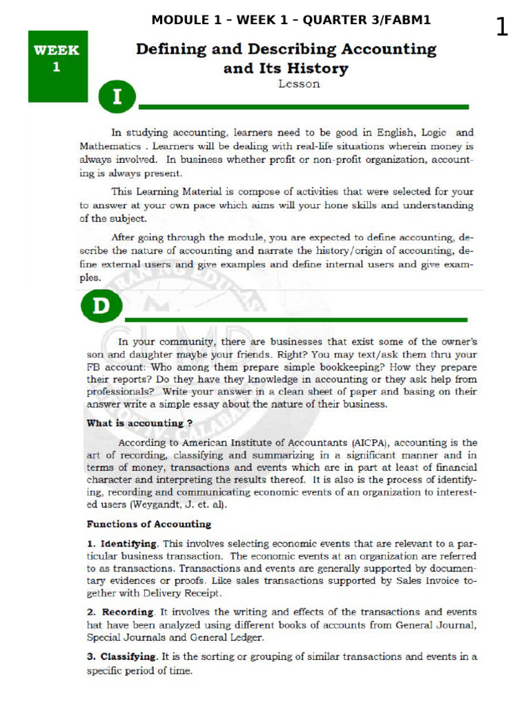 FABM1 Module 1 - Week 1 - Q3 - Accounting and Its History | PDF