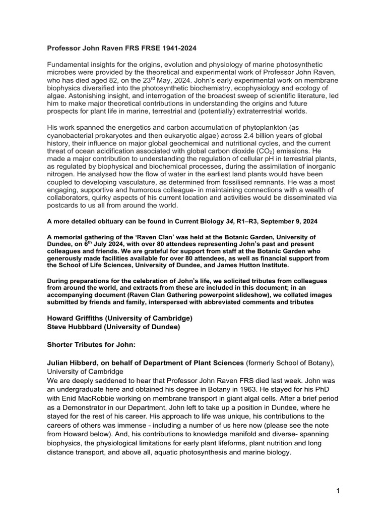 Remembering Professor John Raven | PDF | Botany | Biology