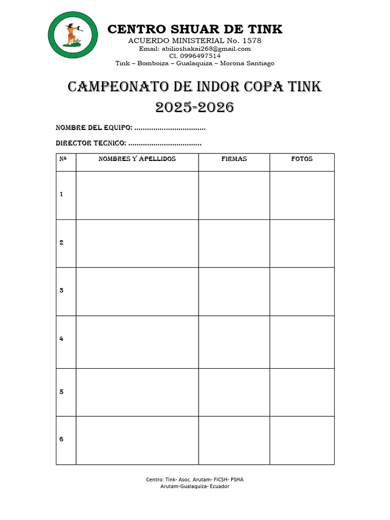 Hoja de Inscripcion de INDOR COPA TINK 2025 | PDF
