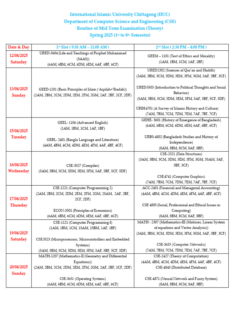 IIUC CSE Mid Term Exam Schedule 2025 | PDF | Applied Mathematics ...