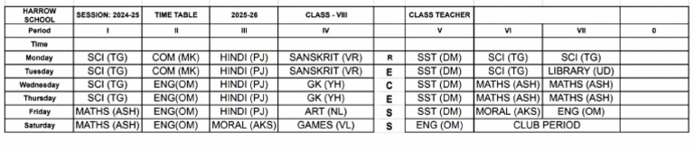 2025 Class 8 Time Table Overview | PDF